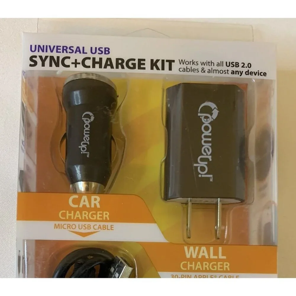 PowerUp Universal USB Sync+Charge Kit Car and Wall Chargers Micro USB 30-Pin NEW